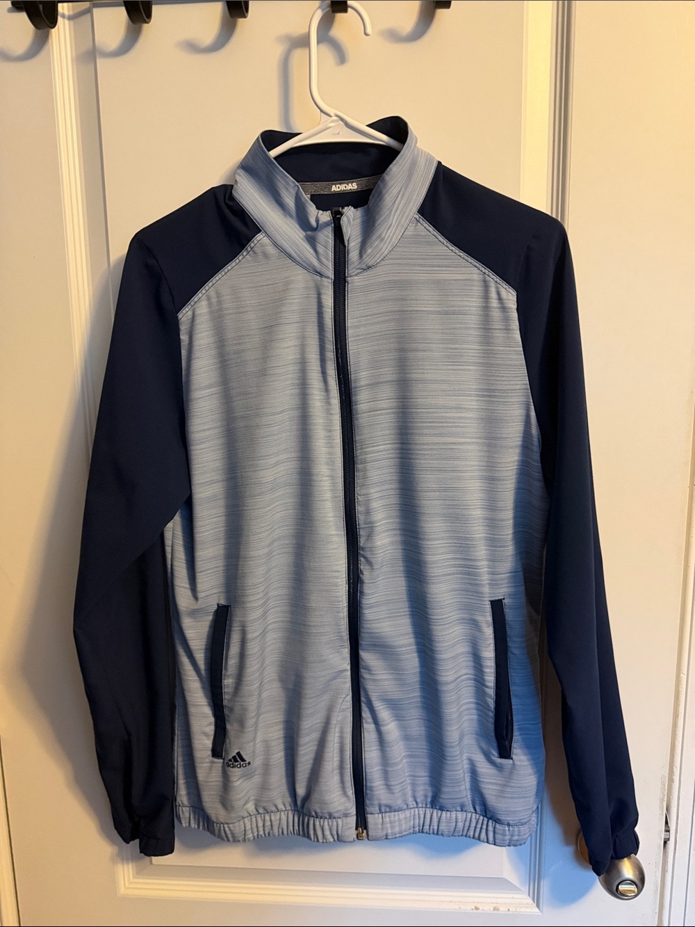 Adidas Full Zip Track Jacket Grey Navy Colorblock Mock Neck Zip Pockets Elastic